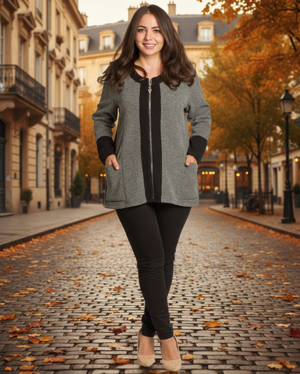 Сив жакет с права кройка и джобове в големи размери