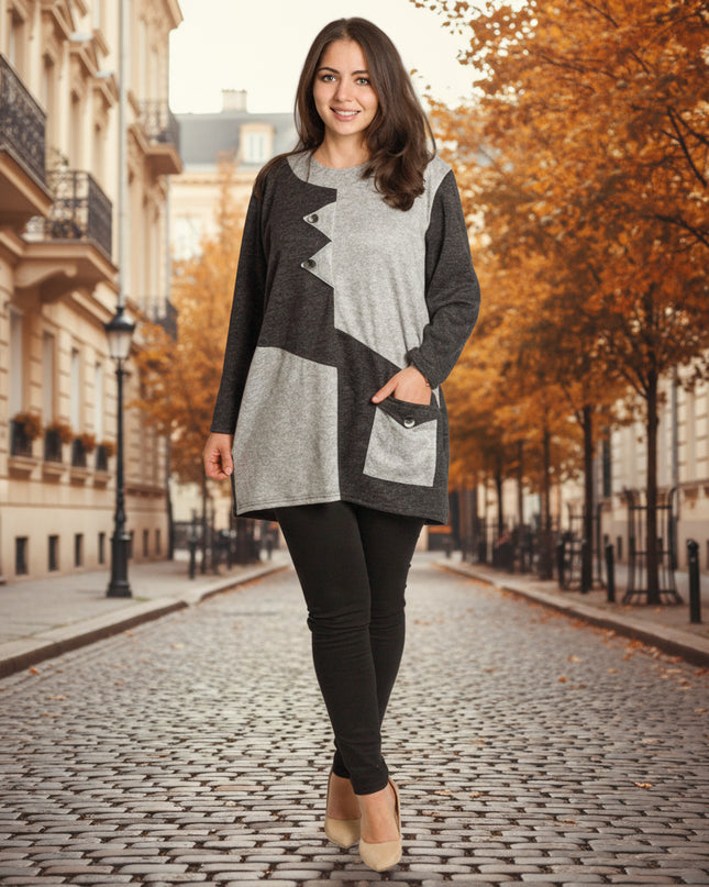 Сива туника с декоративни копчета и джобче в големи размери