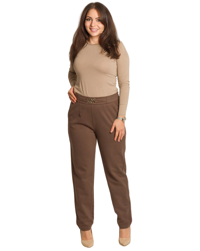 Дамски кафяв панталон с висока талия и елегантен колан