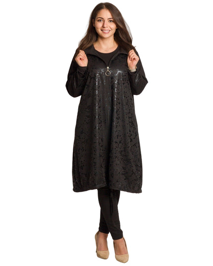 Дълго черно яке в големи размери със свободна кройка и цип