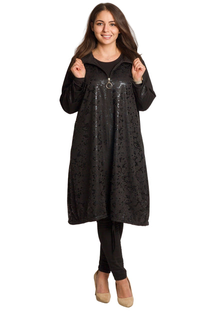 Дълго черно яке в големи размери със свободна кройка и цип