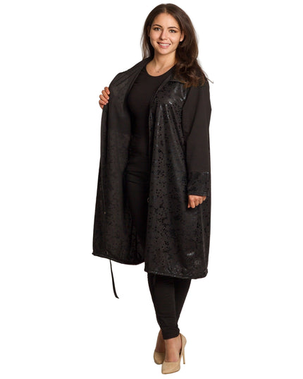 Дълго черно яке в големи размери със свободна кройка и цип