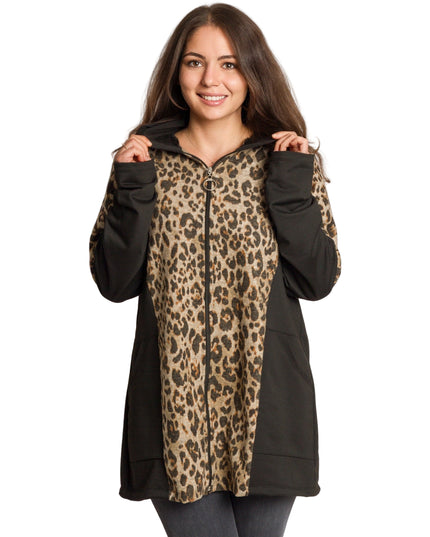 Черно яке с леопардов принт и качулка в макси размери