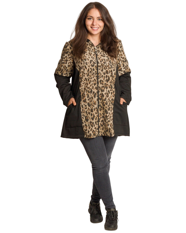 Черно яке с леопардов принт и качулка в макси размери