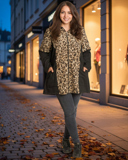 Черно яке с леопардов принт и качулка в макси размери