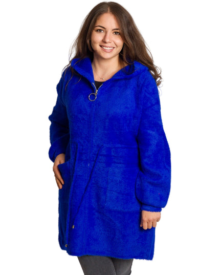 Кралскосиньо яке с качулка и връзки на талията в големи размери