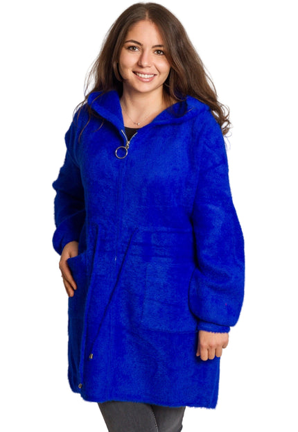 Кралскосиньо яке с качулка и връзки на талията в големи размери