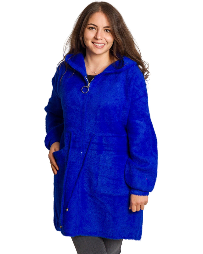 Кралскосиньо яке с качулка и връзки на талията в големи размери