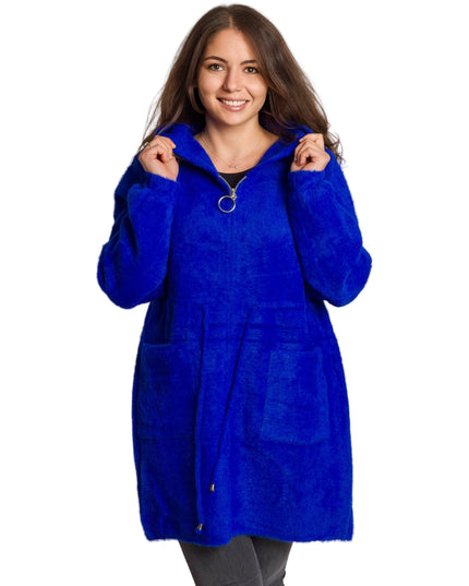 Кралскосиньо яке с качулка и връзки на талията в големи размери