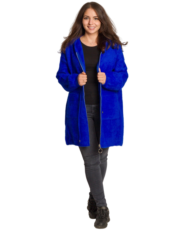 Кралскосиньо яке с качулка и връзки на талията в големи размери