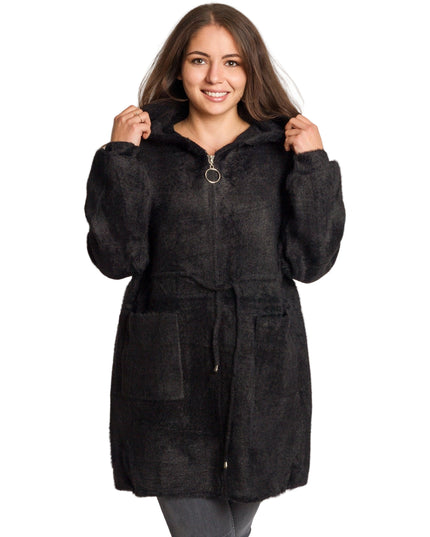 Елегантно дълго яке с качулка и джобове в големи размери