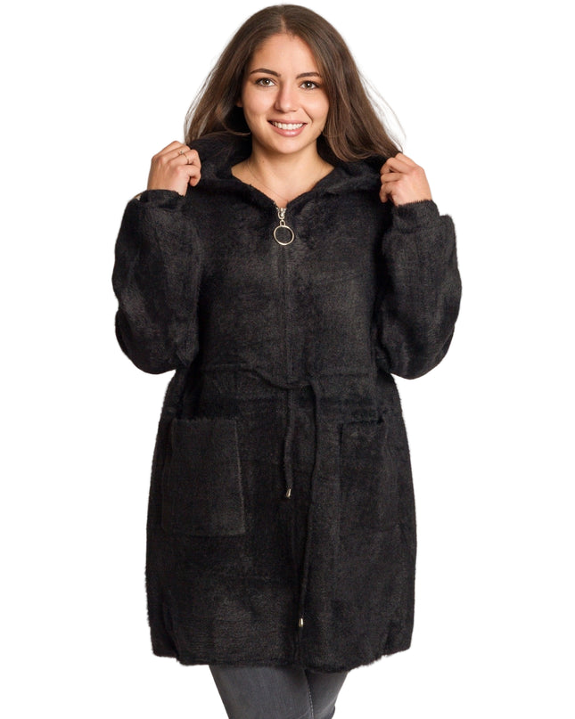 Елегантно дълго яке с качулка и джобове в големи размери