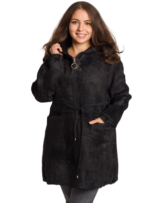 Елегантно дълго яке с качулка и джобове в големи размери