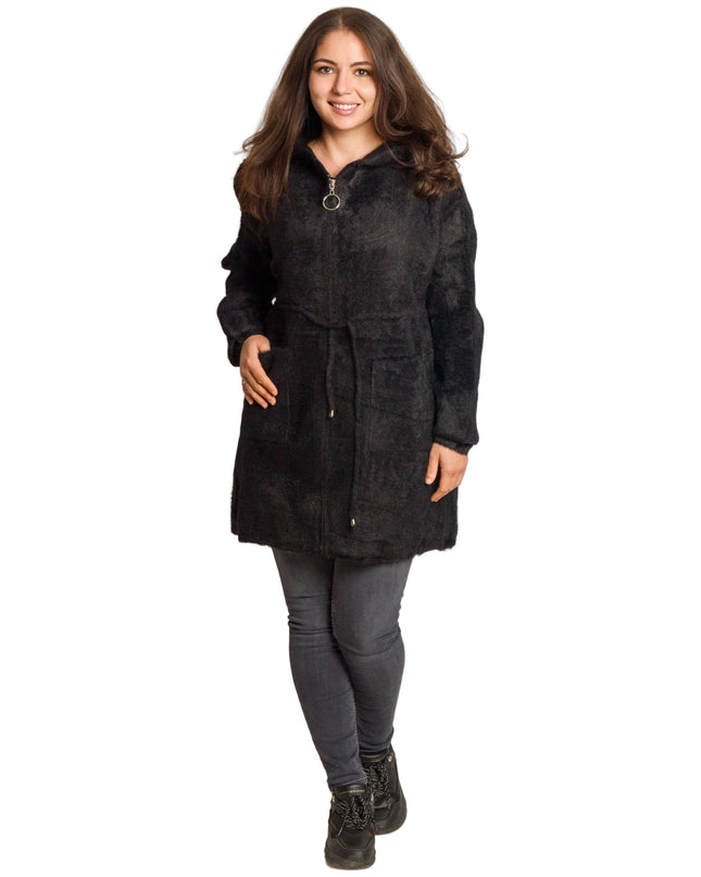 Елегантно дълго яке с качулка и джобове в големи размери