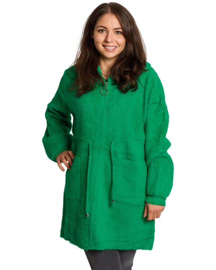 Дълго зелено яке в големи размери с качулка и джобове