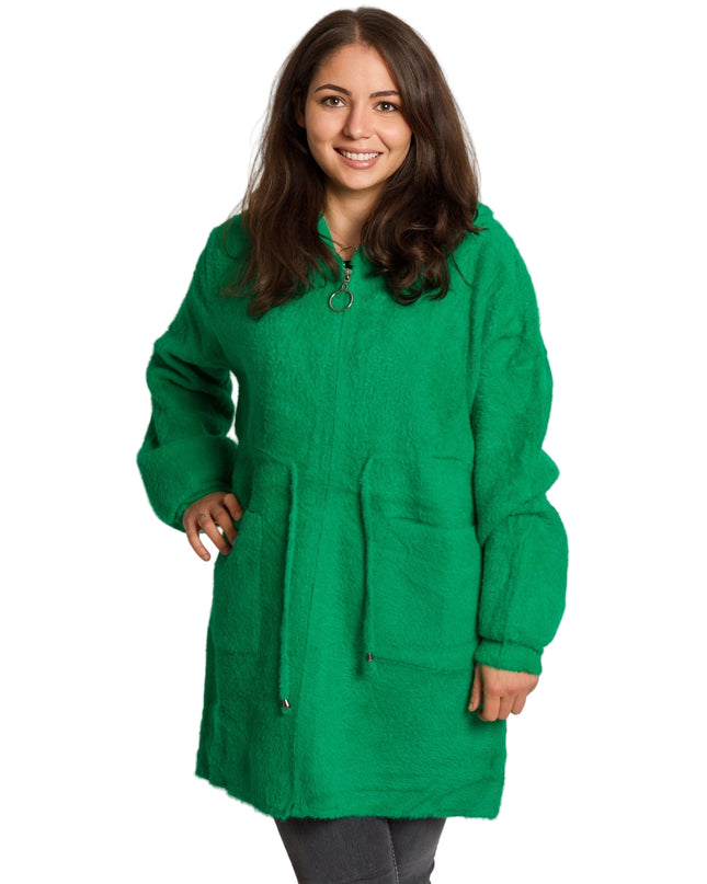 Дълго зелено яке в големи размери с качулка и джобове