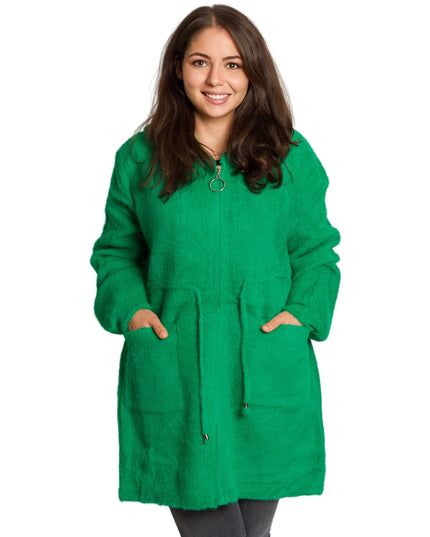 Дълго зелено яке в големи размери с качулка и джобове