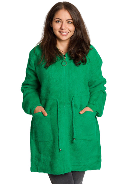 Дълго зелено яке в големи размери с качулка и джобове