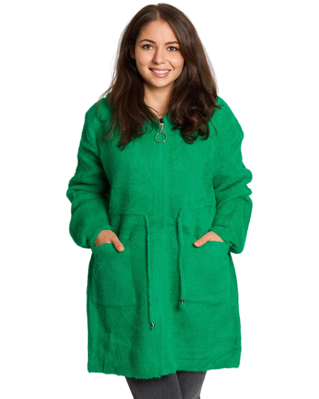 Дълго зелено яке в големи размери с качулка и джобове