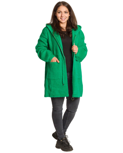 Дълго зелено яке в големи размери с качулка и джобове