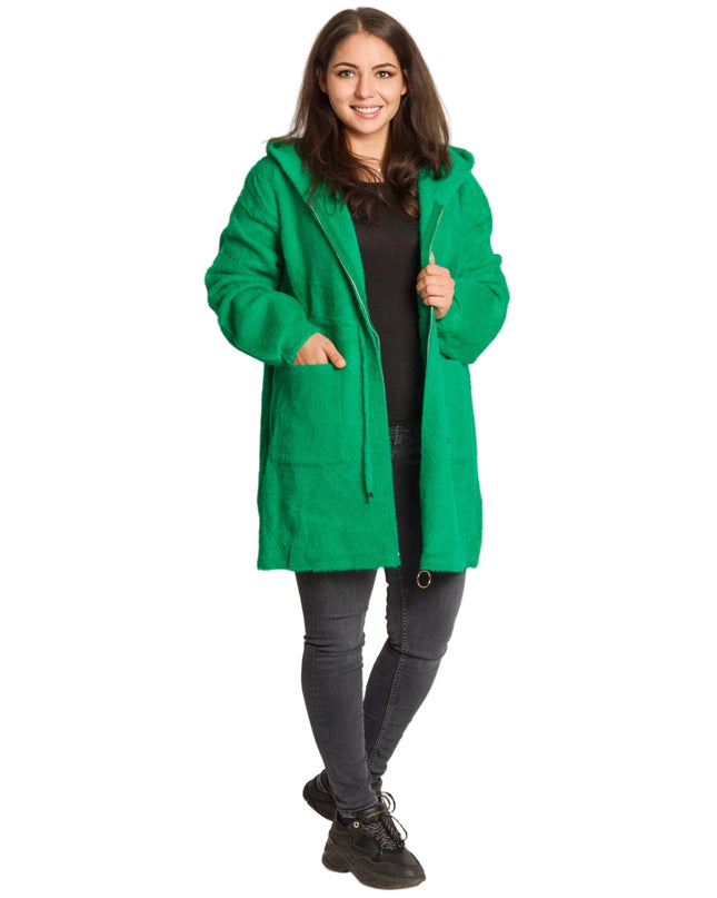 Дълго зелено яке в големи размери с качулка и джобове