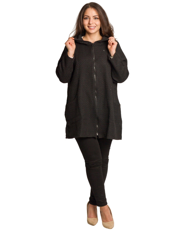 Разкроен дамски жакет с цип и джобове в черен цвят