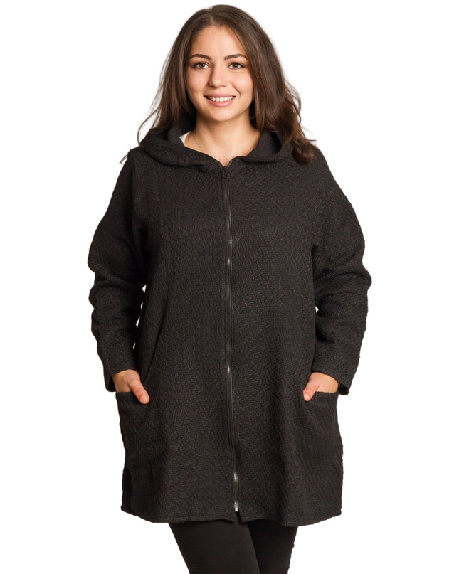 Разкроен дамски жакет с цип и джобове в черен цвят