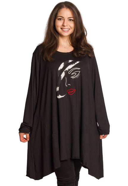 6XL-7XLЧерна разкроена туника в макси размери с апликация „Дама“