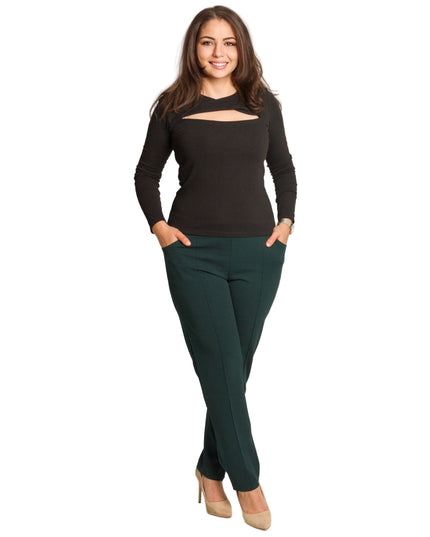 Зелен елегантен панталон с права кройка и еластична талия в големи размери