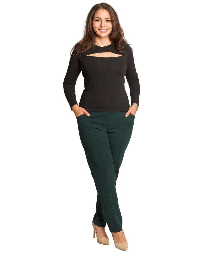 Зелен елегантен панталон с права кройка и еластична талия в големи размери