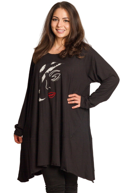6XL-7XLЧерна разкроена туника в макси размери с апликация „Дама“