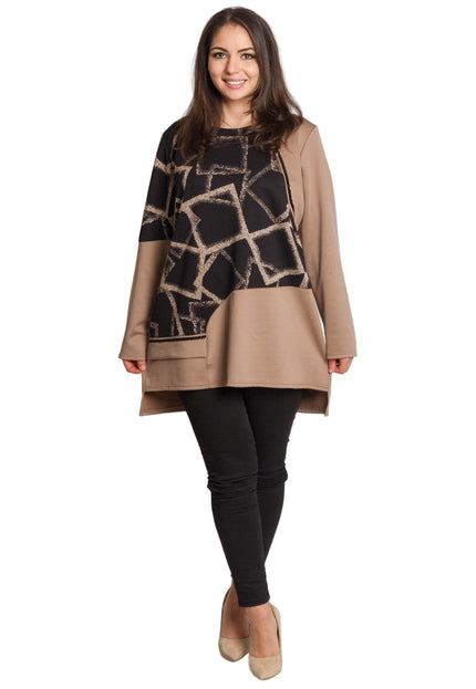 Бежова елегантна туника с геометричен десен в големи размери