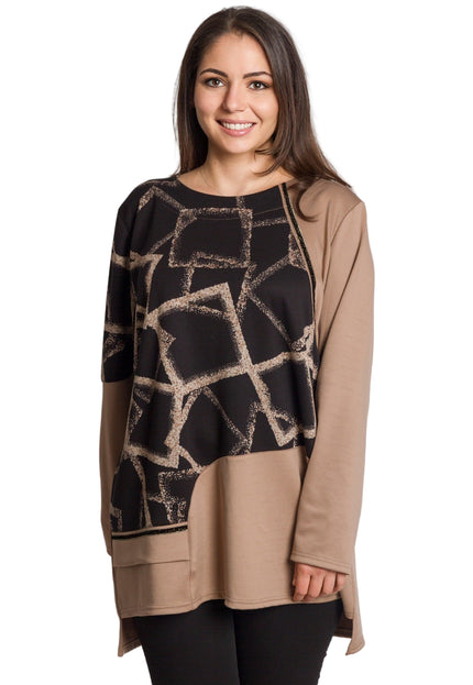 Бежова елегантна туника с геометричен десен в големи размери
