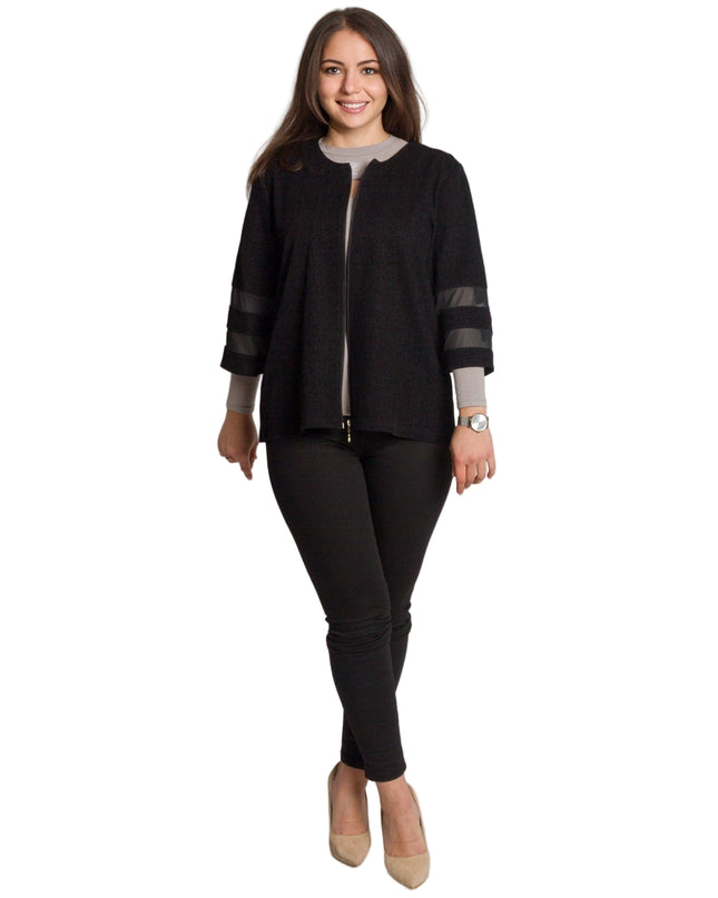 Елегантно черно сако с цип и прозрачни ленти по ръкавите