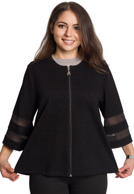 Елегантно черно сако с цип и прозрачни ленти по ръкавите