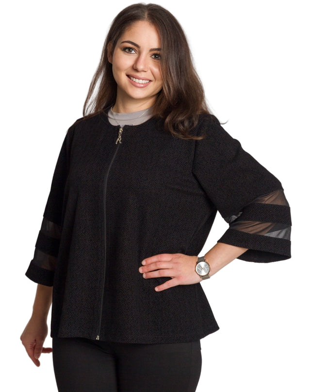 Елегантно черно сако с цип и прозрачни ленти по ръкавите