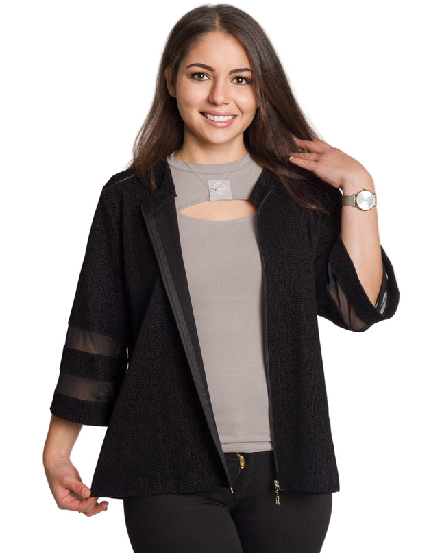 Елегантно черно сако с цип и прозрачни ленти по ръкавите