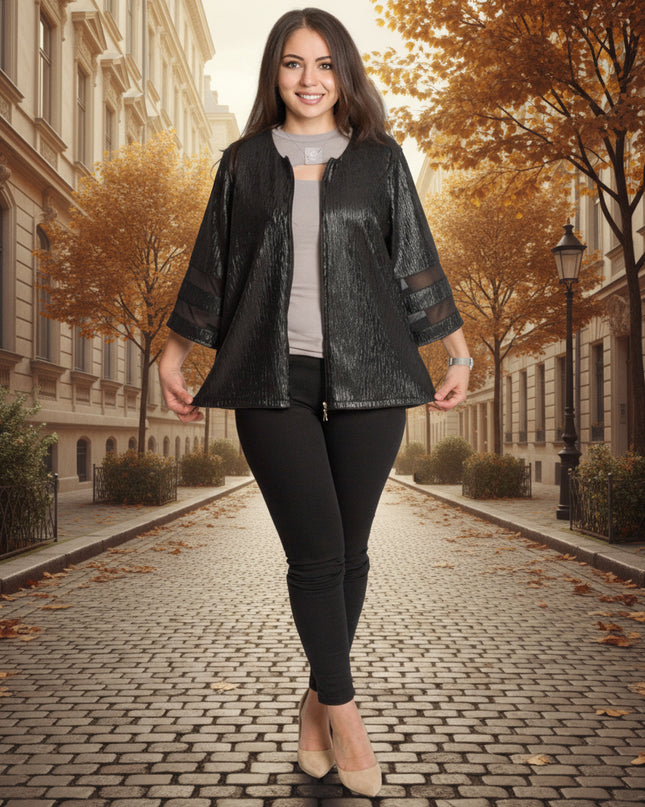 Черно дамско сако с лъскав ефект в големи размери