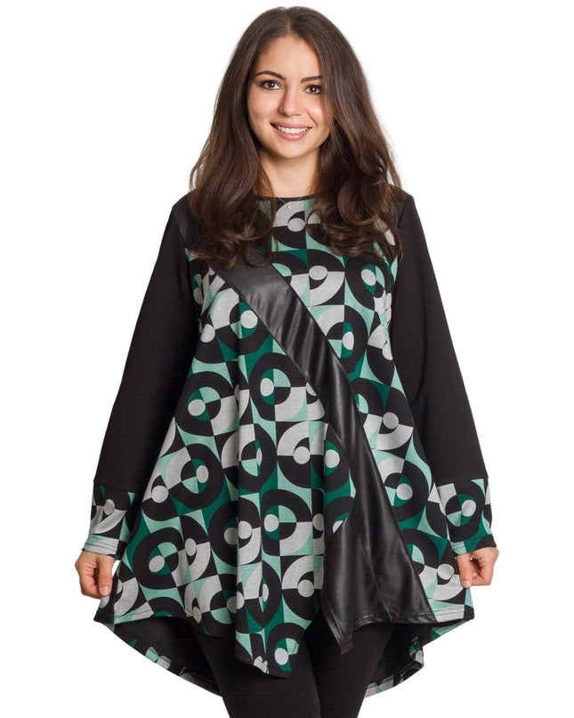 Дълга асиметрична туника с геометричен принт и еко кожа