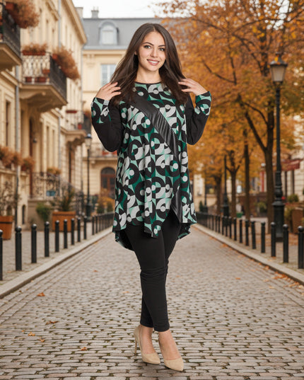 Дълга асиметрична туника с геометричен принт и еко кожа