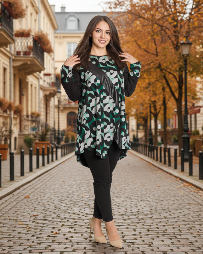 Дълга асиметрична туника с геометричен принт и еко кожа