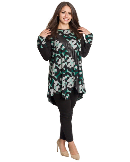 Дълга асиметрична туника с геометричен принт и еко кожа