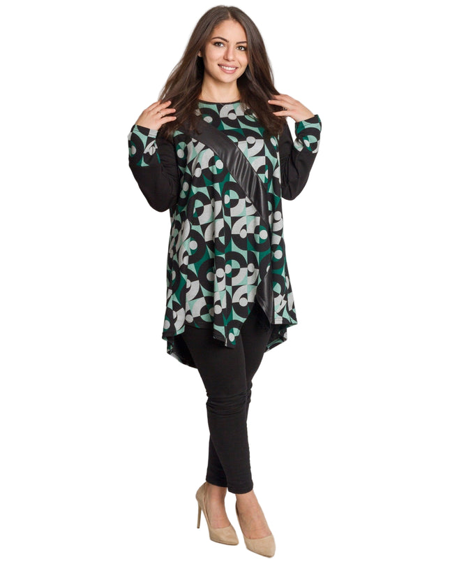 Дълга асиметрична туника с геометричен принт и еко кожа