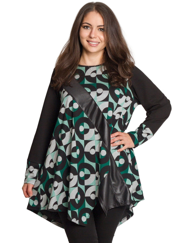 Дълга асиметрична туника с геометричен принт и еко кожа