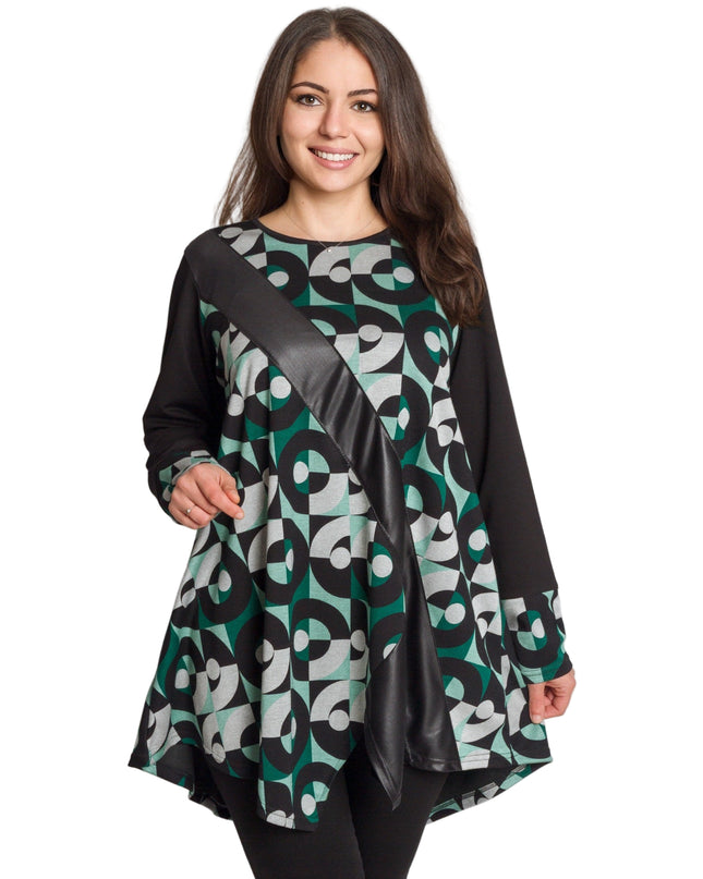 Дълга асиметрична туника с геометричен принт и еко кожа