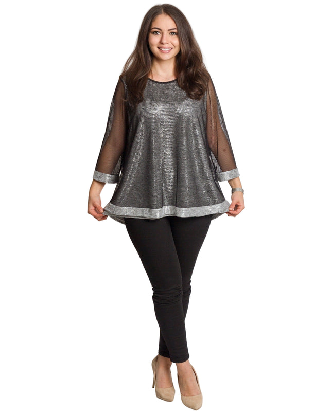 Празнична сива туника с блестящ ефект и мрежести ръкави