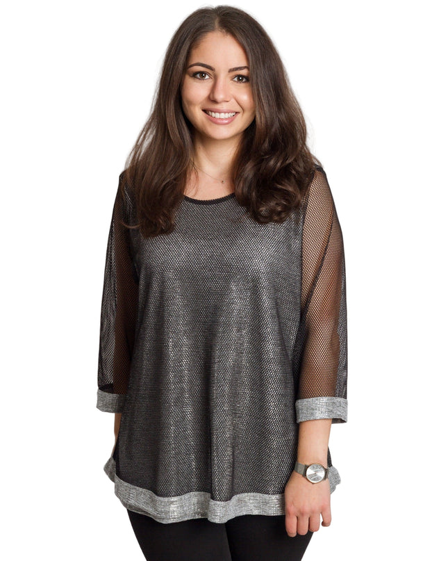 Празнична сива туника с блестящ ефект и мрежести ръкави