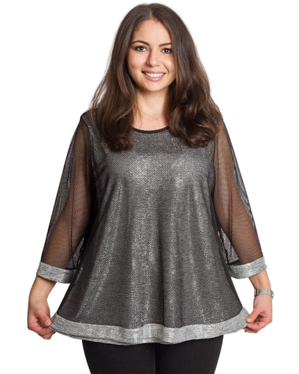 Празнична сива туника с блестящ ефект и мрежести ръкави