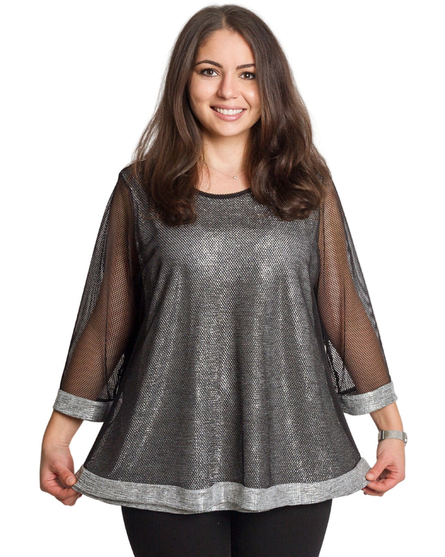 Празнична сива туника с блестящ ефект и мрежести ръкави