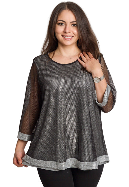 Празнична сива туника с блестящ ефект и мрежести ръкави